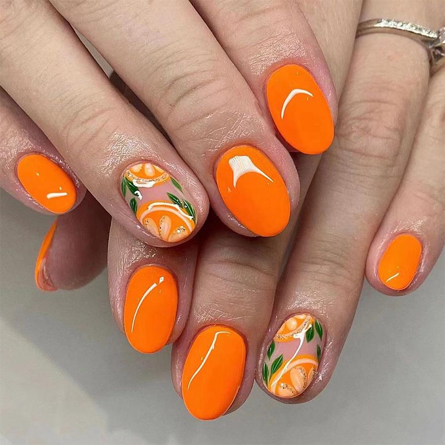 

24-Piece Fresh Orange Color Block Oval Nail Tips for Spring