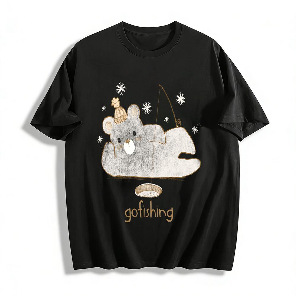 

Cute Bear Go Fishing Print Casual Top Unisex Loose Fit Cotton T-Shirt For Daily Commute Pure cotton T-shirt XXS