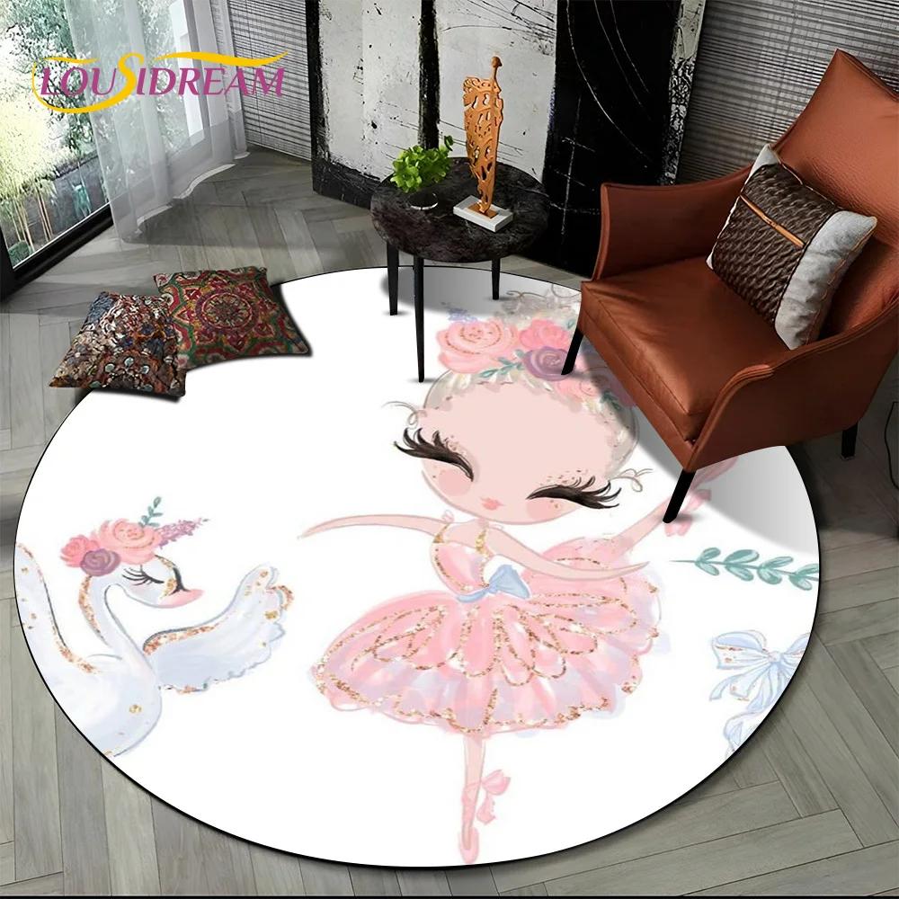 Ballet Girl Cartoon Flower Fairy Ballerina Round Carpet Rug for Living Room Bedroom Child Decor,Pet Area Rug Non-slip Floor Mat