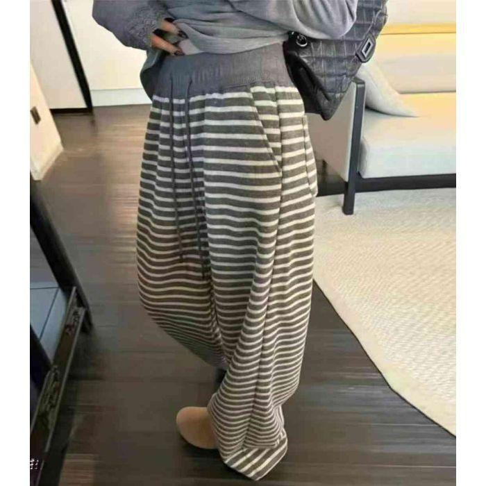 

Ленивый Стиль Эластичный Пояс на Кулиске Полосатые Повседневные Брюки Ранняя Весна Новые Универсальные Брюки в Пол 2XL