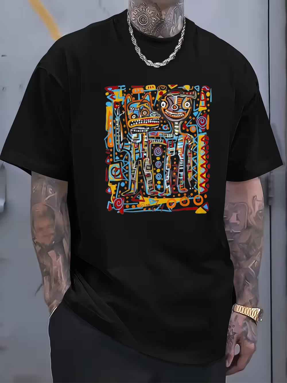 Men s African Tribal Print T-Shirt - Bold Geometric Short Sleeve Shirt with Turquoise XL