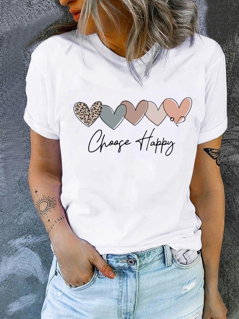 Heart & Happy Slogan Print T-shirt Cute Short Sleeve Crew Neck Casual Top Women's Clothing Valentine's Day for Summer & Spring