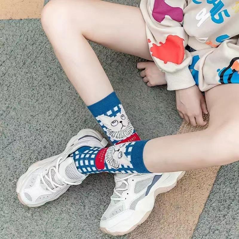 6 Pairs Graffiti Socks Fashion Personality Tide Socks Cat Cute Cartoon Animal Ins Trend Couple Socks Mid Tube Cat Socks Women