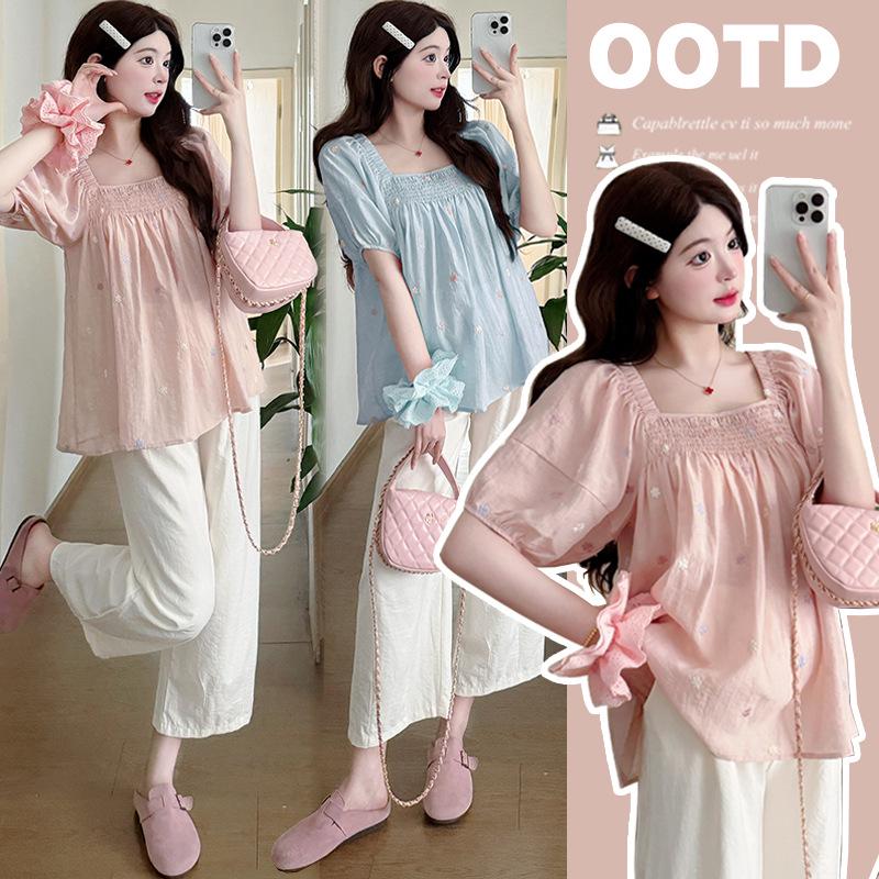 Elegant Maternity Summer Set: Embroidered Doll Shirt & Straight Cropped Pants Medium