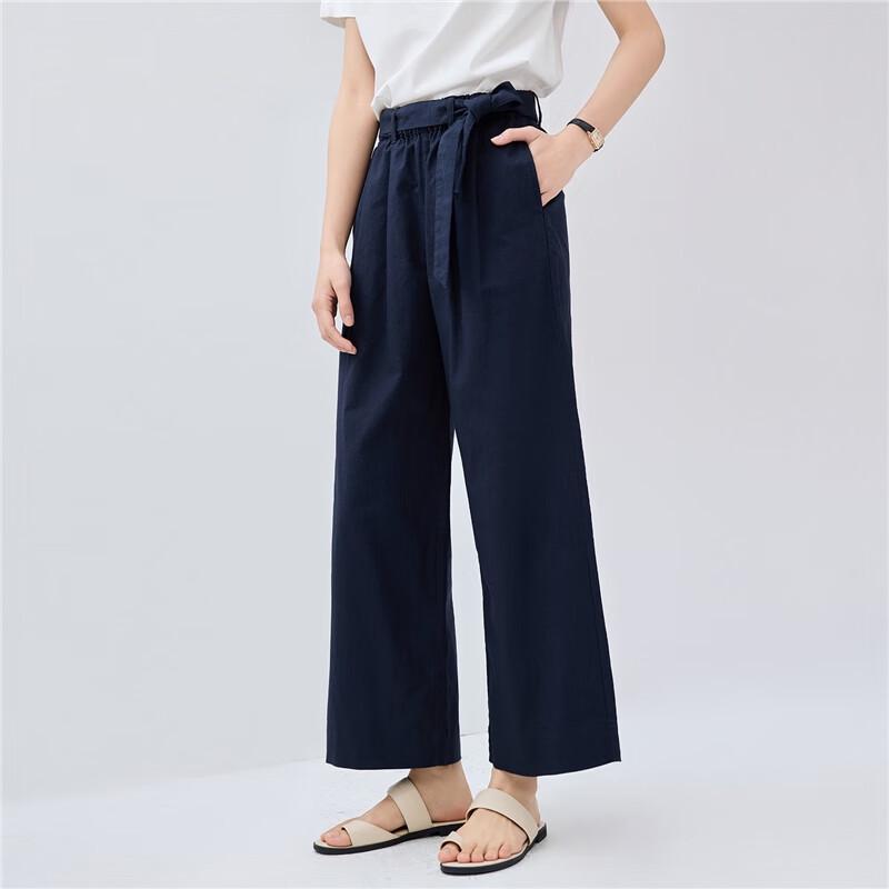 Giordano Women's Cotton Linen Tie-Waist Cropped Wide-Leg Pants