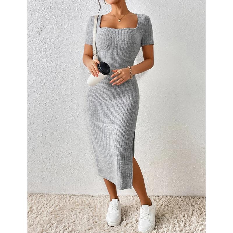 Summer New Short Sleeve Women's Knitted Dress Elegant Fashion Square Neck Sexy Dress Women Slim Fit Split High Waist Casual Dresses for Women 25102