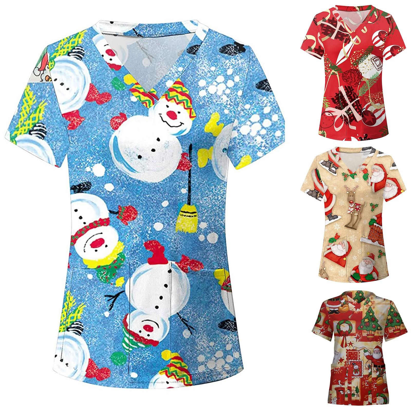 

Women Christmas Printing Short Sleeve V-neck Tops Working Uniform Pocket Blouse