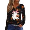Women's Casual Halloween Print V-Neck Long Sleeve T-Shirt with Decorative Buttons