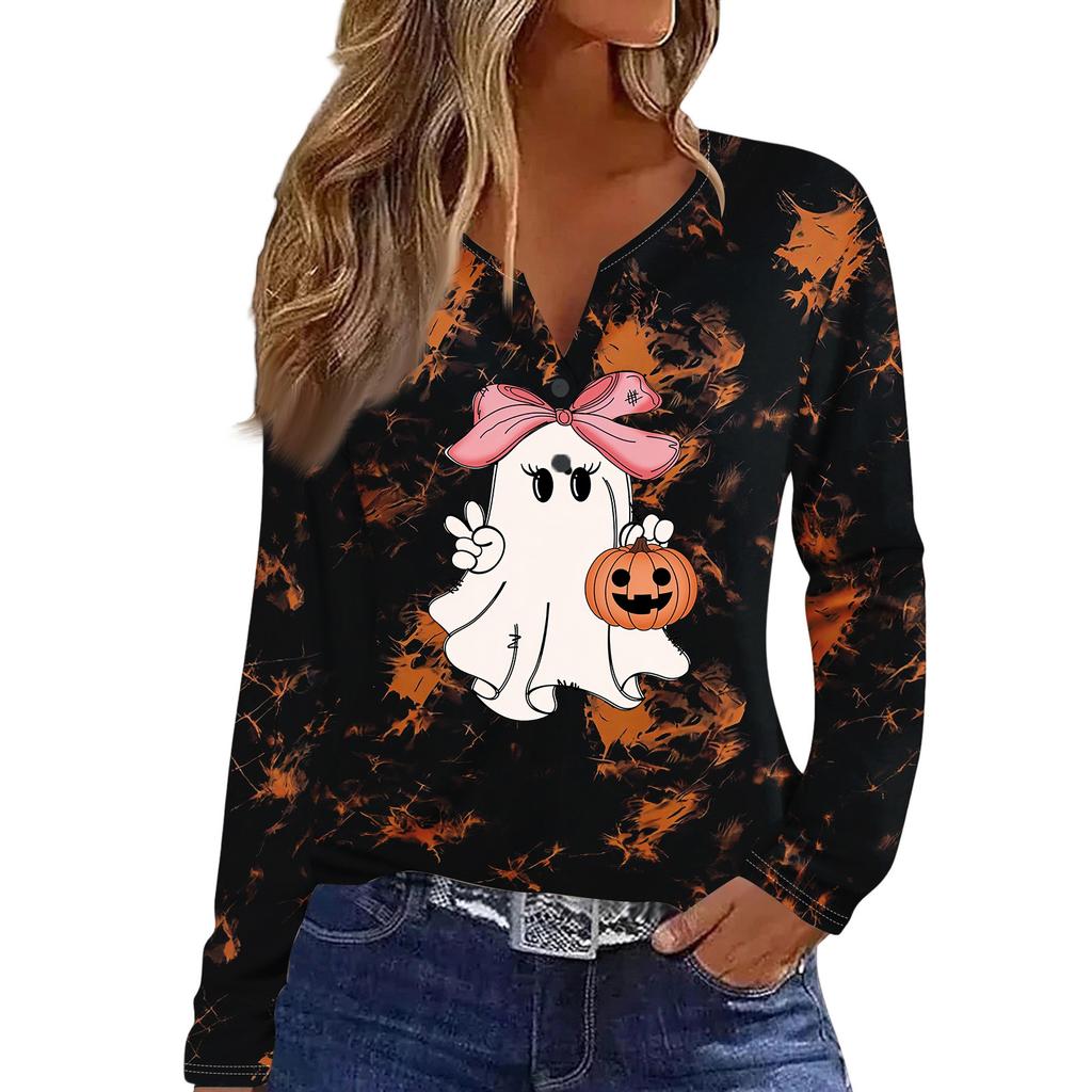 Women's Casual Halloween Print V-Neck Long Sleeve T-Shirt with Decorative Buttons