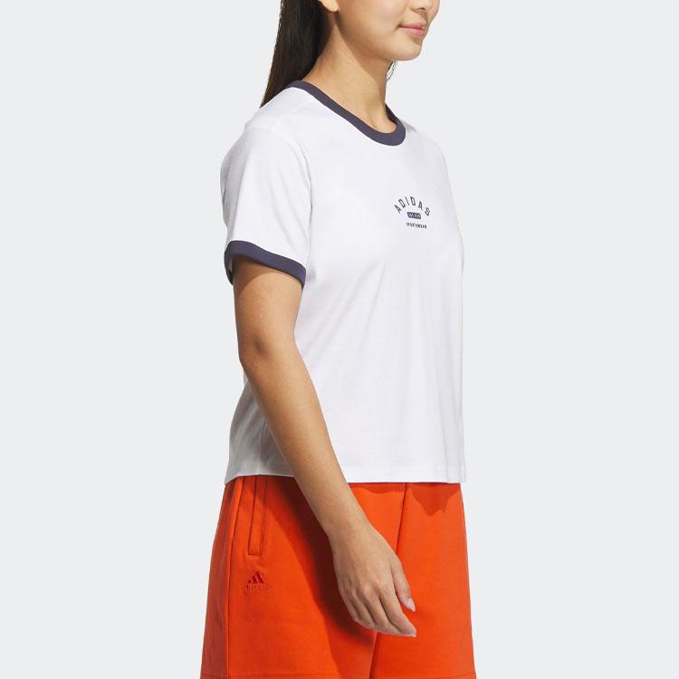 Adidas Logo Embroidery Letter Print Ribbed Crew Neck Short Sleeve T-Shirt Women Tops White Dark-Teal IP3940