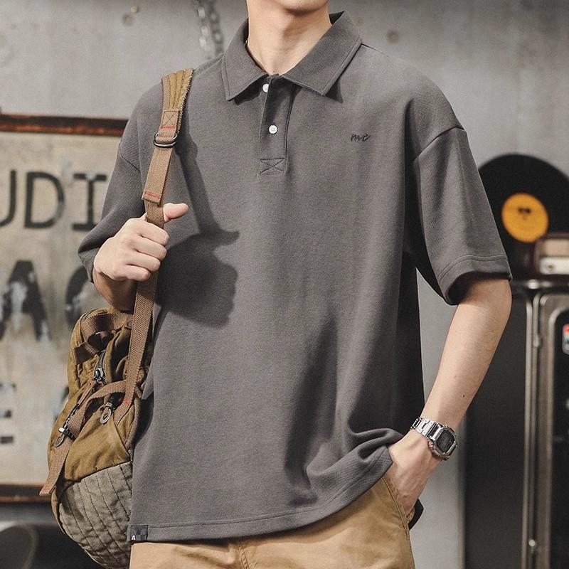 American Retro POLO Shirt Men's Summer Simple Style Heavy Men's Loose Large Size Men's Short-sleeved T-shirt