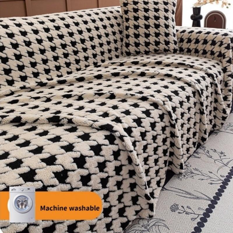 Thousand Bird Grid Plush Sofa Cover Thickened Warm Non-slip Couch Cushion Soft Plush Furniture Protector Pad Home Decoration