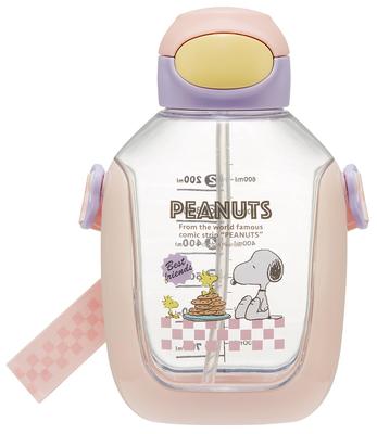 Skater Trinkflasche mit Strohhalm und Schultergurt Snoopy Cafe PDSH8DX Ein-Knopf-Verschluss, 780ml, 80er Jahre Design,