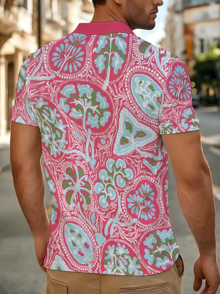 [Printed Design - Not Textured] Magenta Collar Tropical Floral Cashew Full Print Men'S Polo Shirt