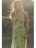2025 Spring Women's Backless Print Draped Collar Spaghetti Strap Midi Dress