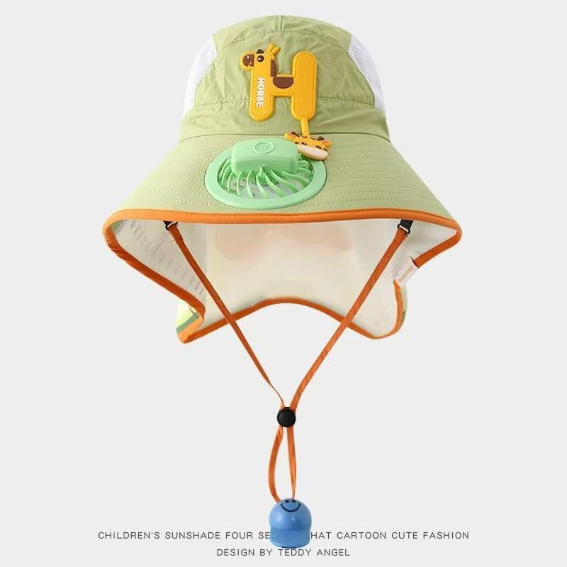 Kids Wide Brim Sun Hat Solar Rechargeable Fan Neck Flap Uv Protection For Summer Beach Activities