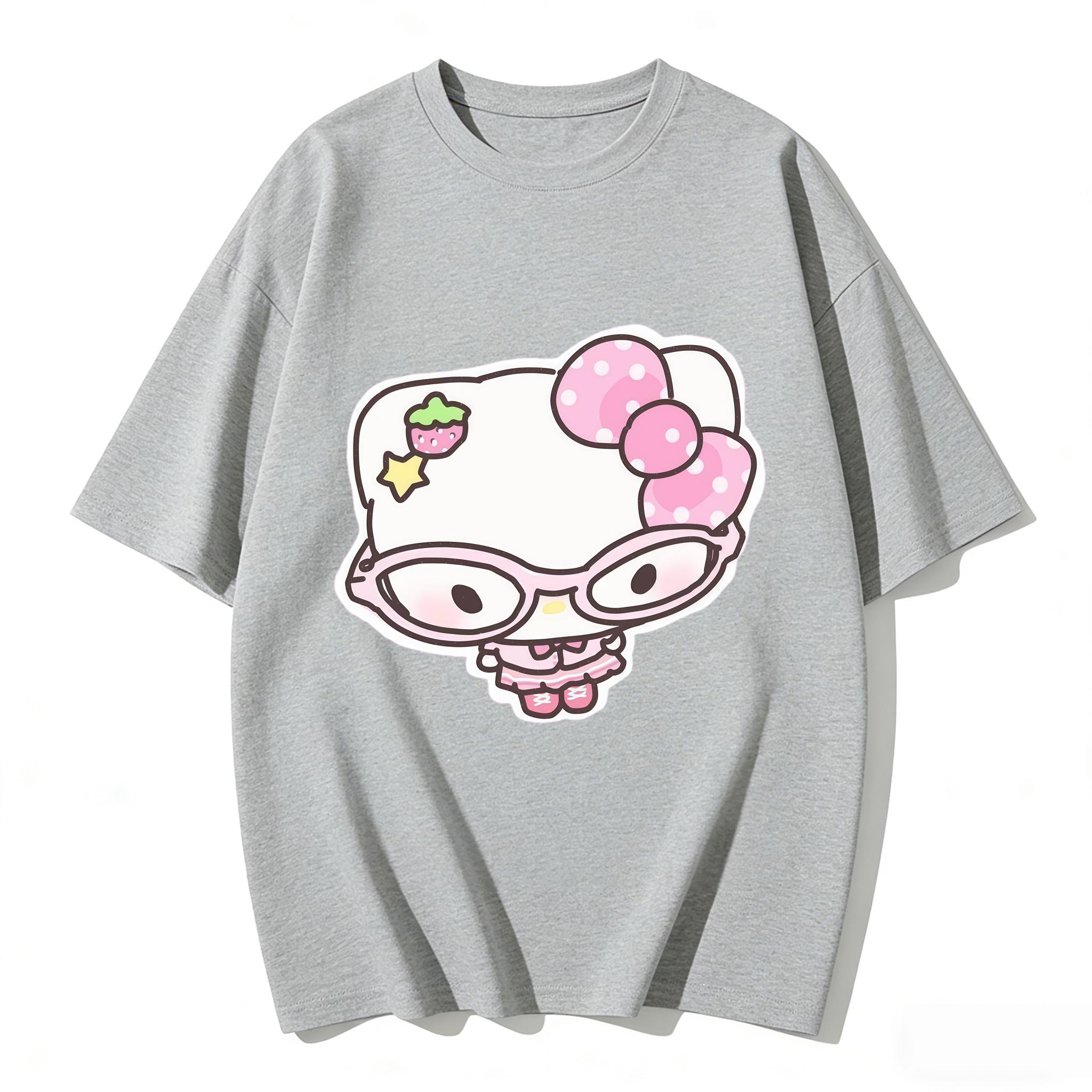 

2026 New Arrival Kawaii Kitty Strawberry Glasses Print Couple T Shirts Casual Loose Family Matching Outfits Parentchild Tee Top S
