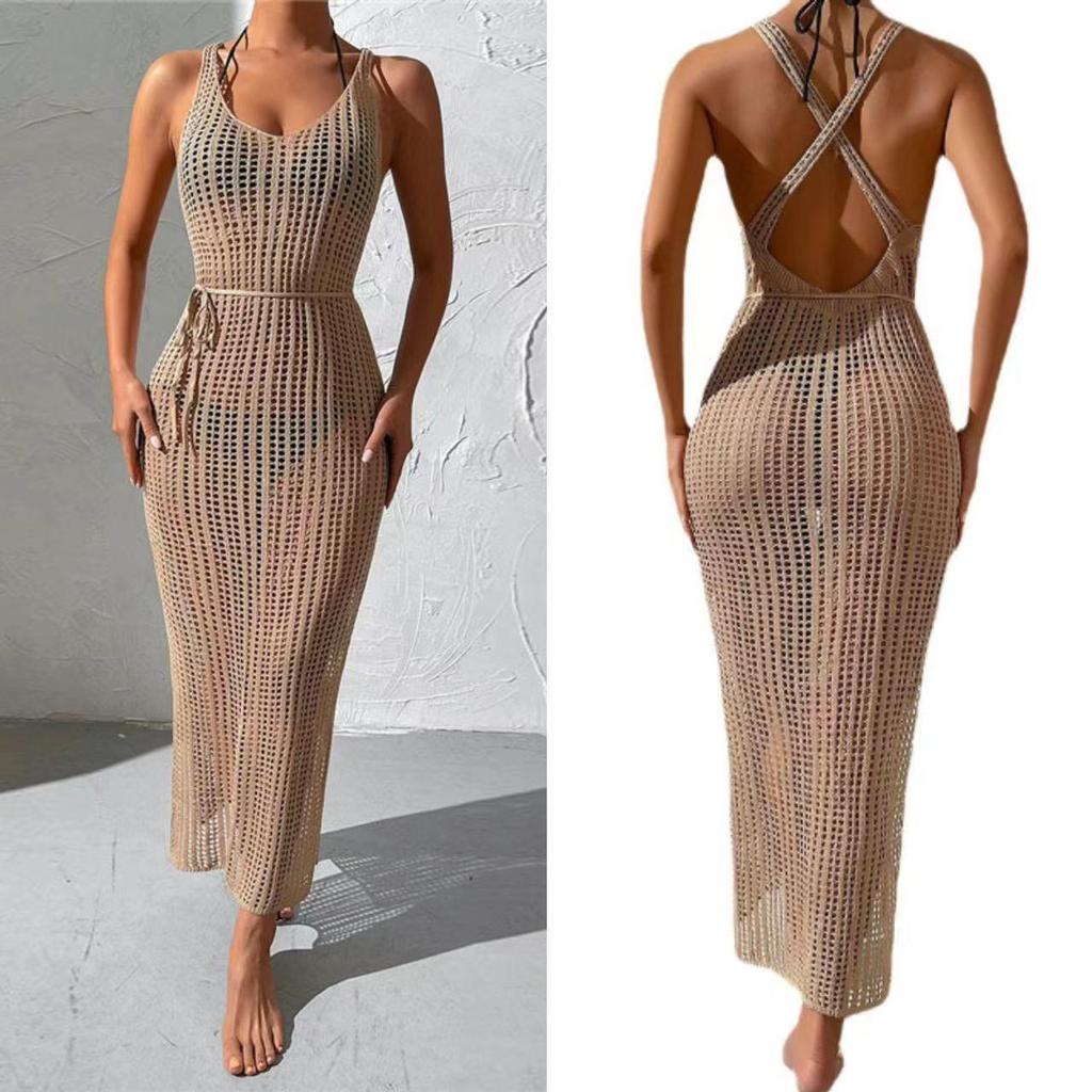 European Style Holiday Beach Knit Cover-up Dress - Backless and Hollow Out Design for Women, 2026