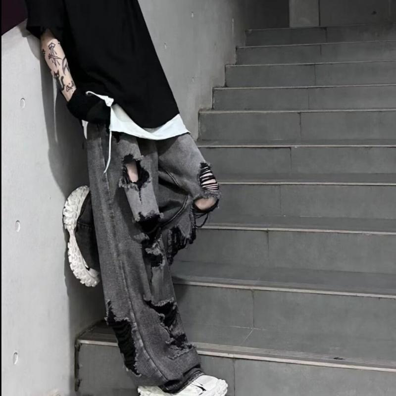 New vibe ripped wide-leg jeans for men 2026, washed and distressed straight-leg floor-length pants