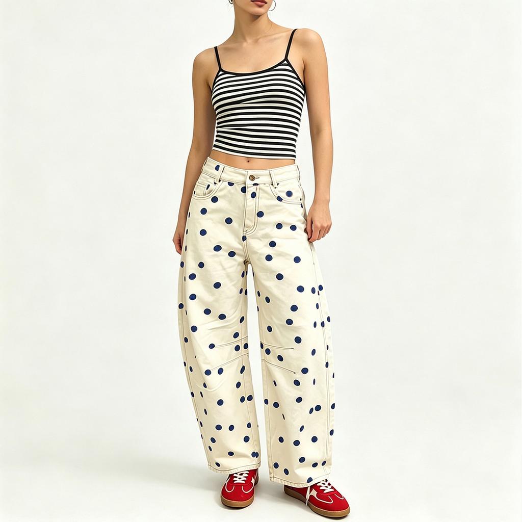 Jeans Donna a Gamba Curva, Vestibilità Larga, a Pois Bassi