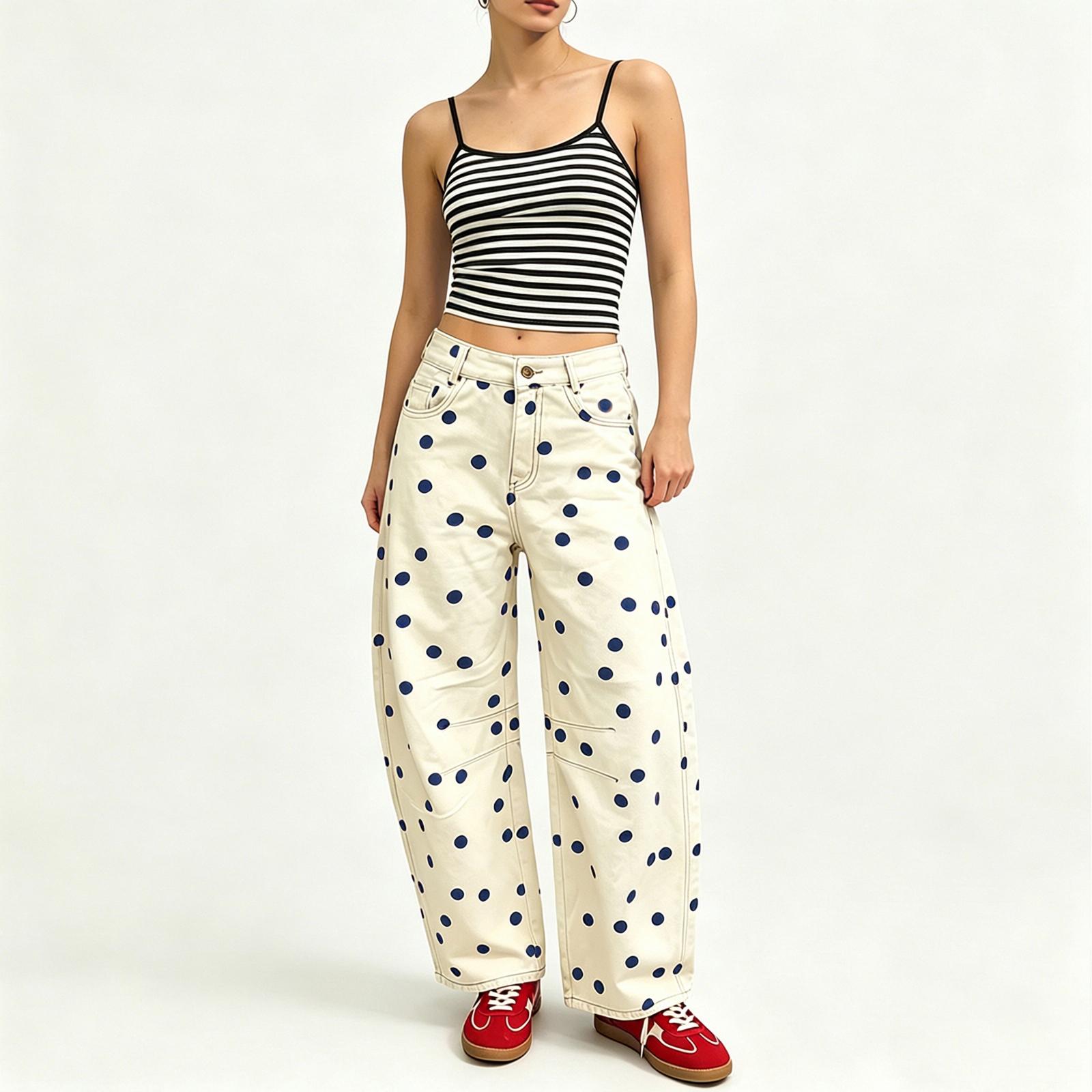 Women s Loose Fit Low Polka Dot Jeans with Curved Leg L