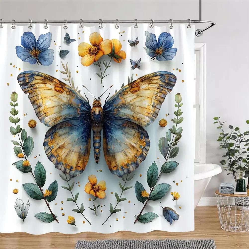 Bohemian Vintage Butterfly Shower Curtain Botanical Floral Astrological Insects Polyester Fabric Shower Curtains Bathroom Decor