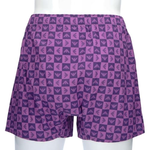 Emporio Armani Men's Checkered Eagle Cotton Woven Trunks, Size LL, Front Opening, Japanese Size, 54251001, 73. Purple