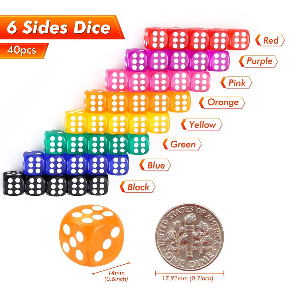 GWHOLE 6-sidigt TRPG-tärningsset 40 stycken 14 mm Transparent Rundade hörn 8 färger Röd Gul Blå Grön Lila Orange Svart Rosa