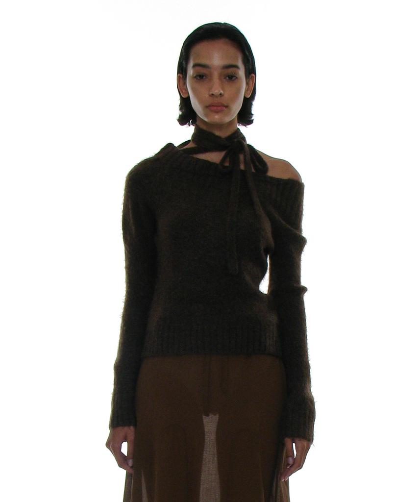 PARTIMENTO WOMEN Tie Neck Strap Asymmetrical Knit Top_Brown