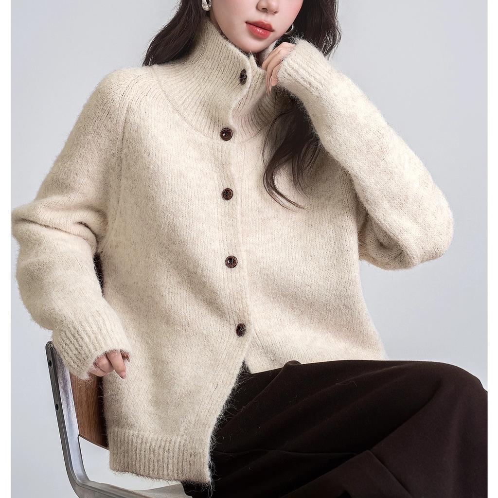 DIMANAF 2025 Sweaters Buttons Turtleneck Solid Beige Cardigan Autumn Women Knitting Loose