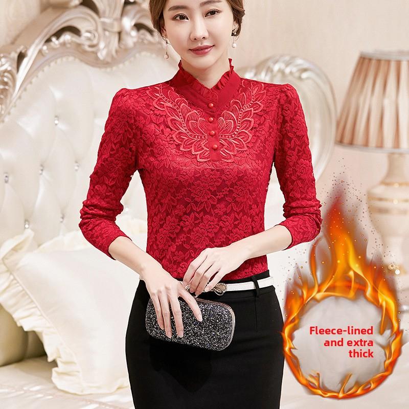 Women s thermal clothing for mothers, winter style, fleece-lined and thickened, 2026 new model, plus size, lace base layer top with high collar S бордовый
