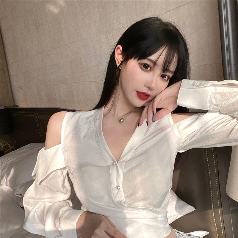 WTEMPO Off Shoulder Women Shirt Sexy V-neck Short French Style Chic Long Sleeve Shirt StreetWear Casual Top Blouse Women