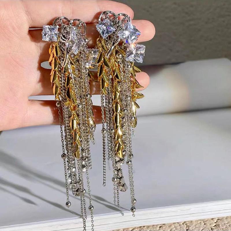 Silver Needle Diamond Wheat Fringe Earrings Light Luxury Premium Temperament Earrings Retro Exquisite Banquet Versatile Earrings Women