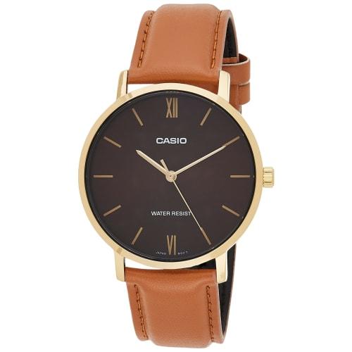 Casio MTP-VT01GL-5B Men's Minimalist Gold-Tone Brown Leather Band Burgundy Dial Three-Hand Analog Watch, Blue, One Size, Analog Watch, Quartz Movement