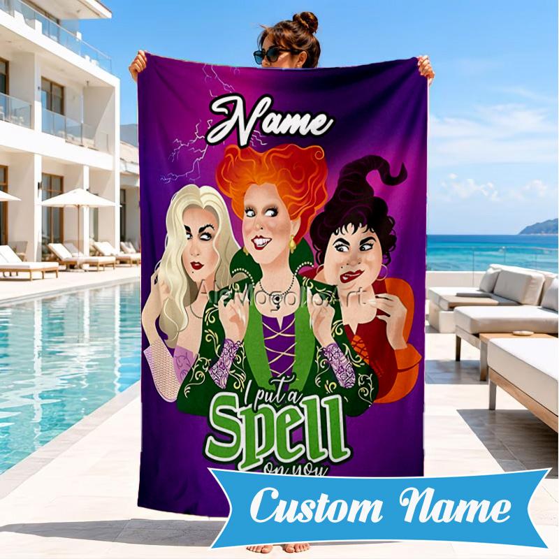 Custom Name Witches Collage Heart In Space Adventure Microfiber Beach Towel, Lightweight for Summer Travel, Swimming Pool Fan Gift