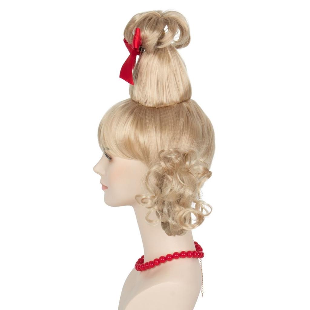 Anime Cosplay High-Top Blonde Wig with Bow Braid Christmas Synthetic Hair for Women Party Costume Accessory