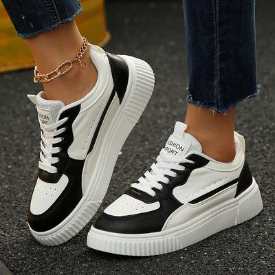 Fashion Black White Chunky Platform Sneakers Women Spring Autumn Lace Up Thick Bottom Vulcanizd Shoes Woman Pu Leather Sports Sneakers