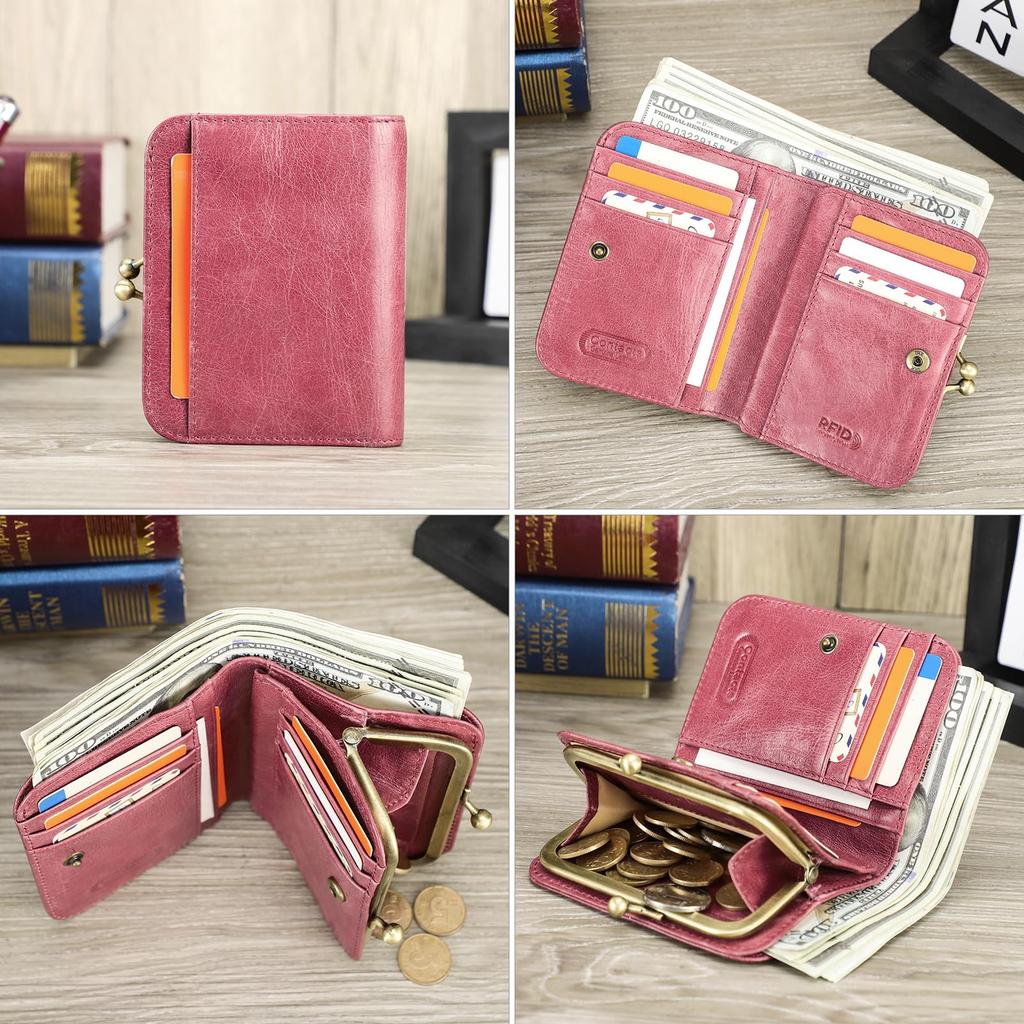 Serie Leather Wallet with RFID 9 Card Coin and Rose Pink Contact's Full-Grain Bi-fold Blocking, Slots, Pocket, Purse, Women's Wallet,