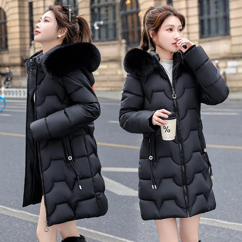 2025 winter big fur collar slim and thin medium and long cotton clothes women's thickened warm foreign gas jacket cotton clothes