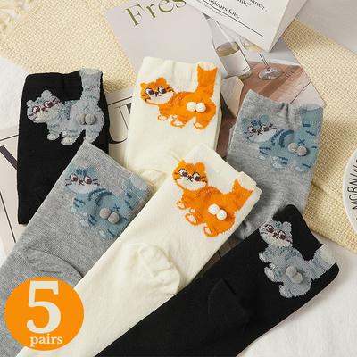 5 Pares Meias Desenho Animado 3D Gato Ovo para Mulheres Macias Confortáveis Fofas e Engraçadas Meias de Cano Médio