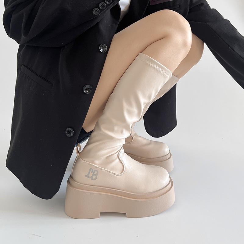 Høst Vinter Dame Knehøye Støvler Mote Komfort Mykt Skinn Plattforms hæl Lange Ankelstøvletter Trend Damesko