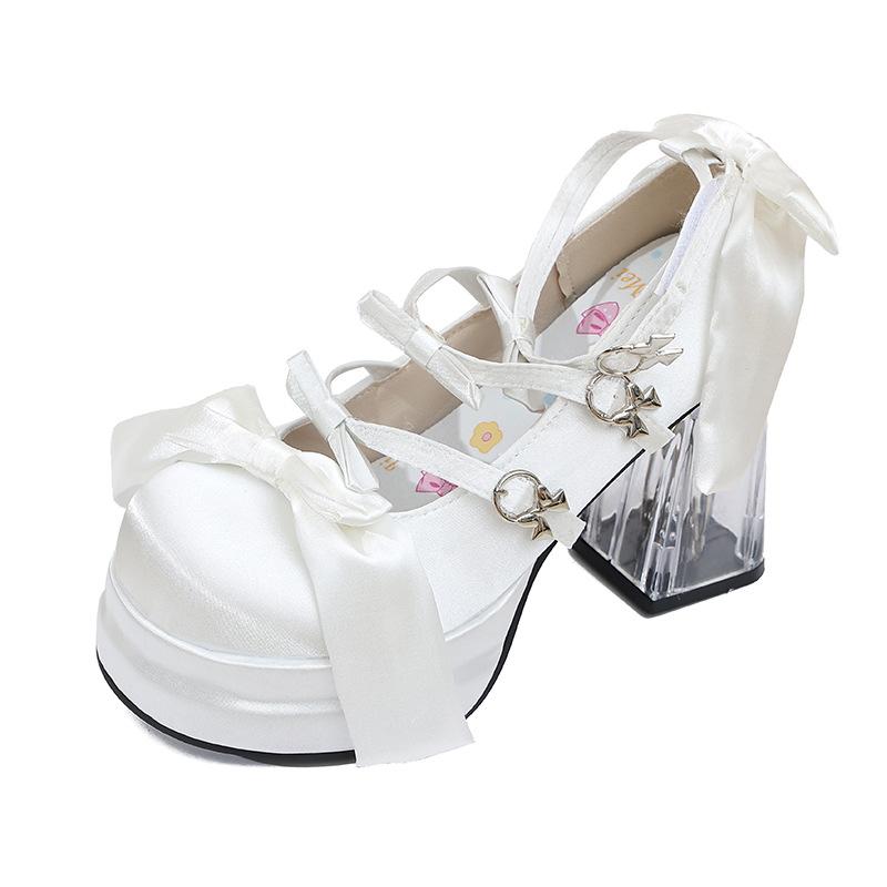 Lolita shoes cute sweet satin high heels Lolita bow elegant waterproof table transparent heel shoes