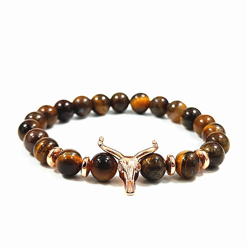 Elegant Gold Taurus Head Bracelet with Tiger Eye Stone Bead and Micro-Inlaid Zircon