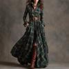 Women's Dark Green Plaid Button-Down Long Sleeve Midi Shirt Dress