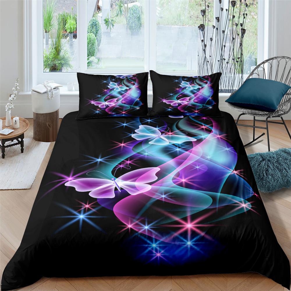 Lenjerie de pat fluture fluorescent, Huse de plapumă și fețe de pernă din puf pentru fete și doamne 2/3 piese King Queen Bed Set de husă de plapumă cu imprimeu 3D Cadou