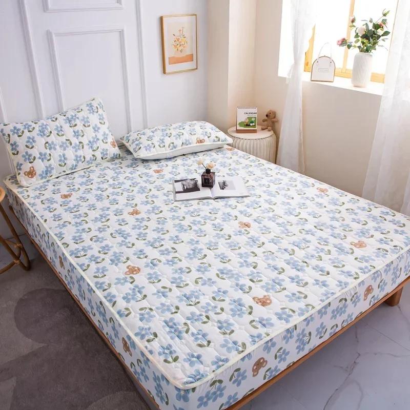 Thick Quilted Mattress Cover, Stitched Bed Linen, Printed Bedding, Large Non-Slip Bed Sheet, Dust Cover Without Pillowcase