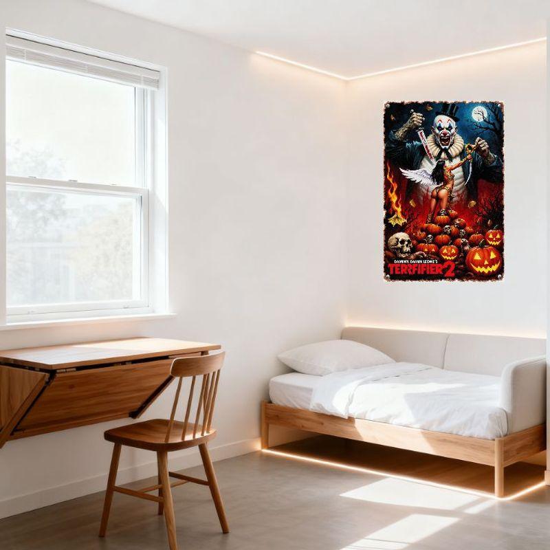 Terrifier 2 Horror Movie Metal Tin Sign,Demonic Clown with Knife,Angelic Woman Pumpkin Skull Background,Vintage Halloween Wall D