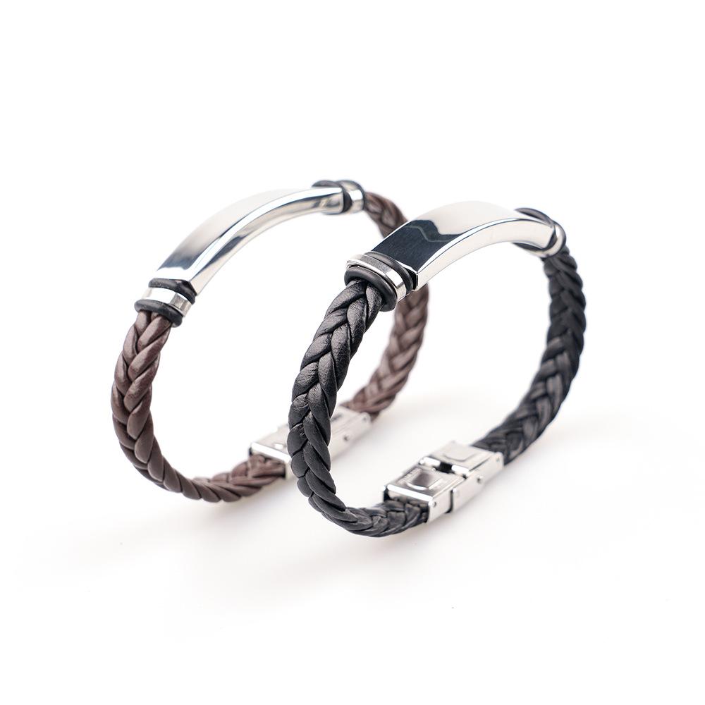 Pulseira Punk Masculina de Aço Inoxidável e Couro Trançado