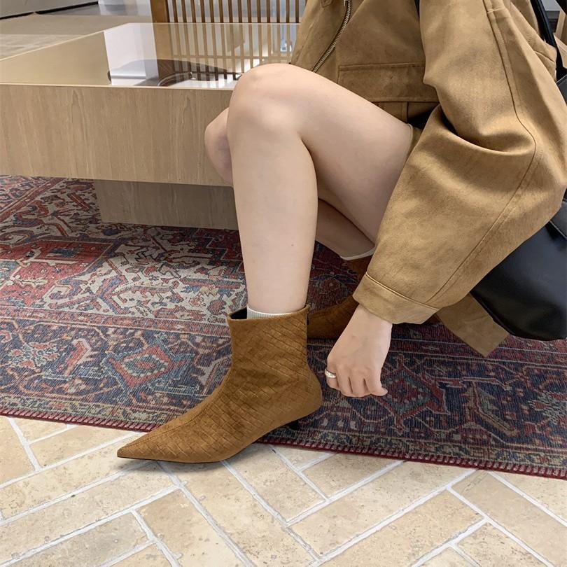 British style woven pointed toe thin heel fashion boots bare boots 2025 autumn and winter new thin versatile short boots women's and ankle boots