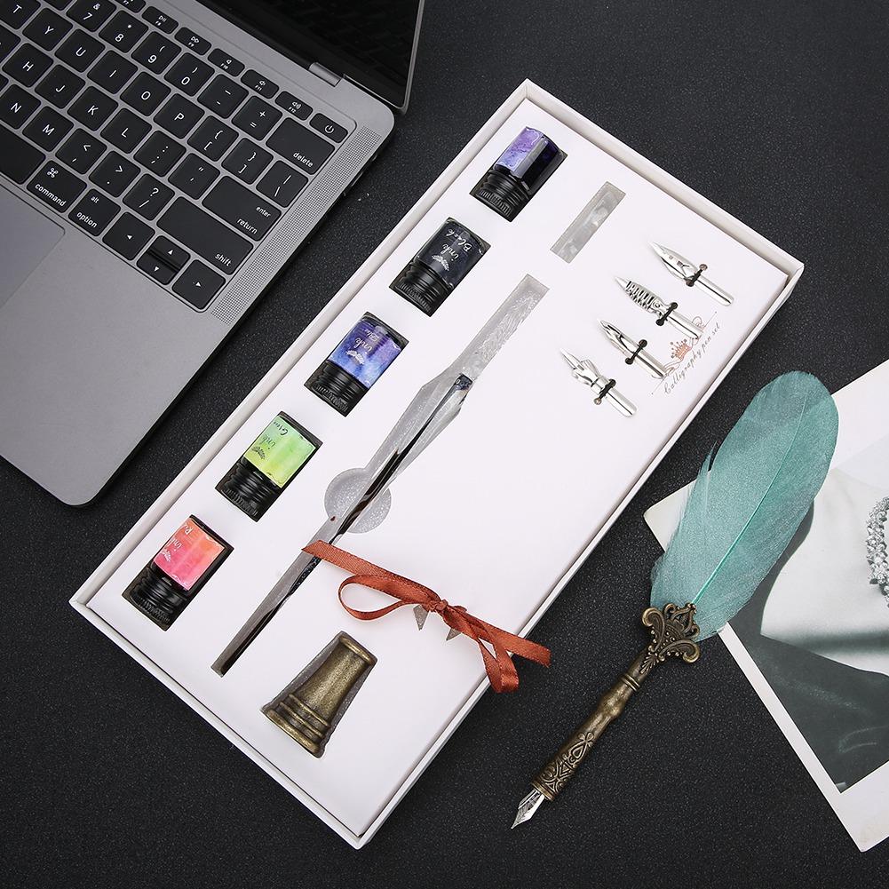 Vintage Feather Dip Pen with Ink 4 Nibs Set School Office Writing Supplies Gifts for Friends Family